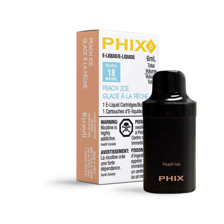 PHIX 6 pod in peach ice flavor, a small, rectangular device with a mouthpiece and the text 'peach ice' on its label.