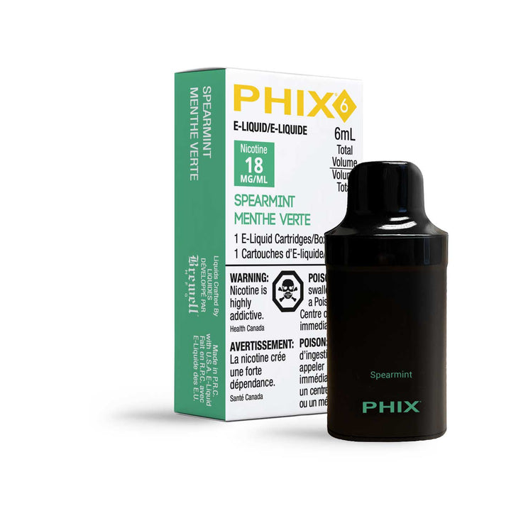 PHIX 6 pod in spearmint flavor, a small, rectangular device with a mouthpiece and the text 'spearmint' on its label.
